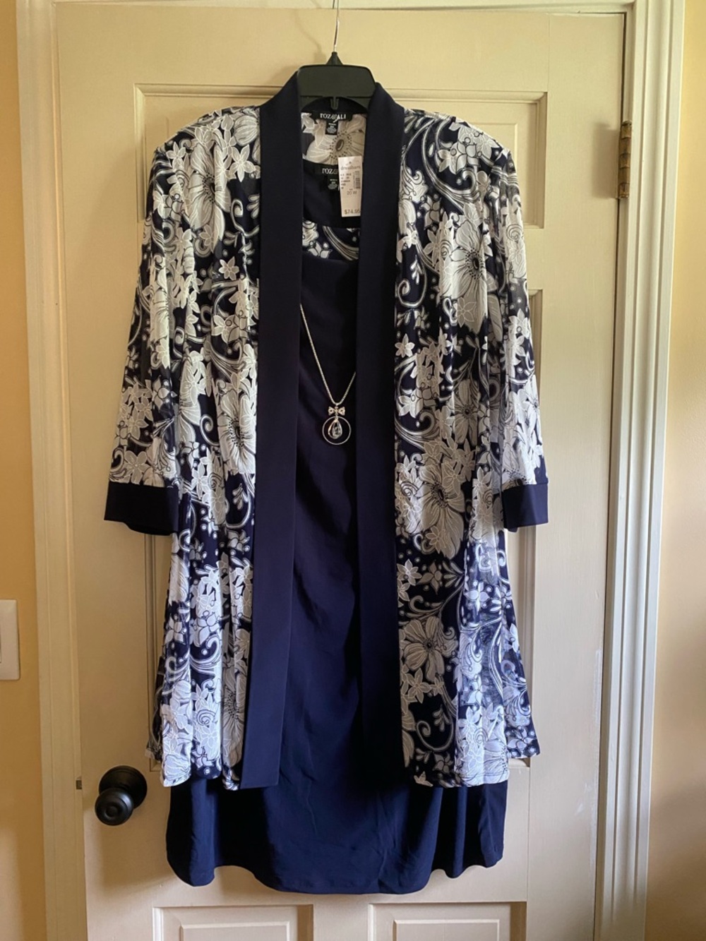 Dressbarn Roz & Ali Navy Floral Jacket Dress Set with Necklace